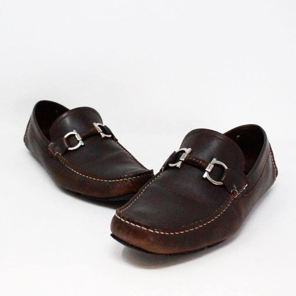 SALVATORE FERRAGAMO #40280 Brown Gancio Leather Loafers (US EU 38)